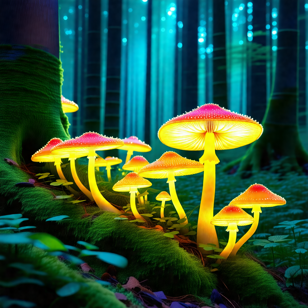 Forest with a group of mushrooms glowing in the dark