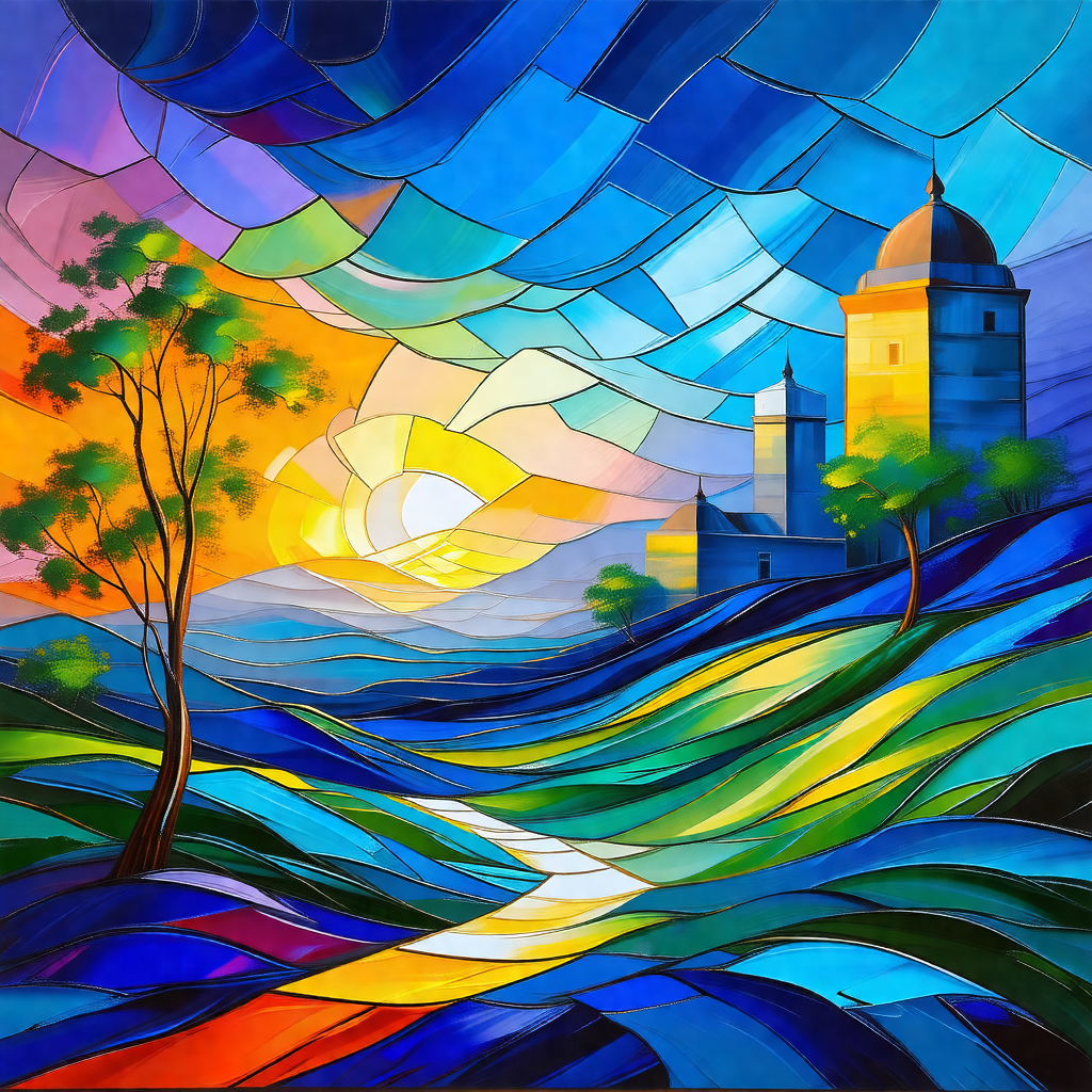 Painting of a beautiful landscape featuring a tree, a roa...