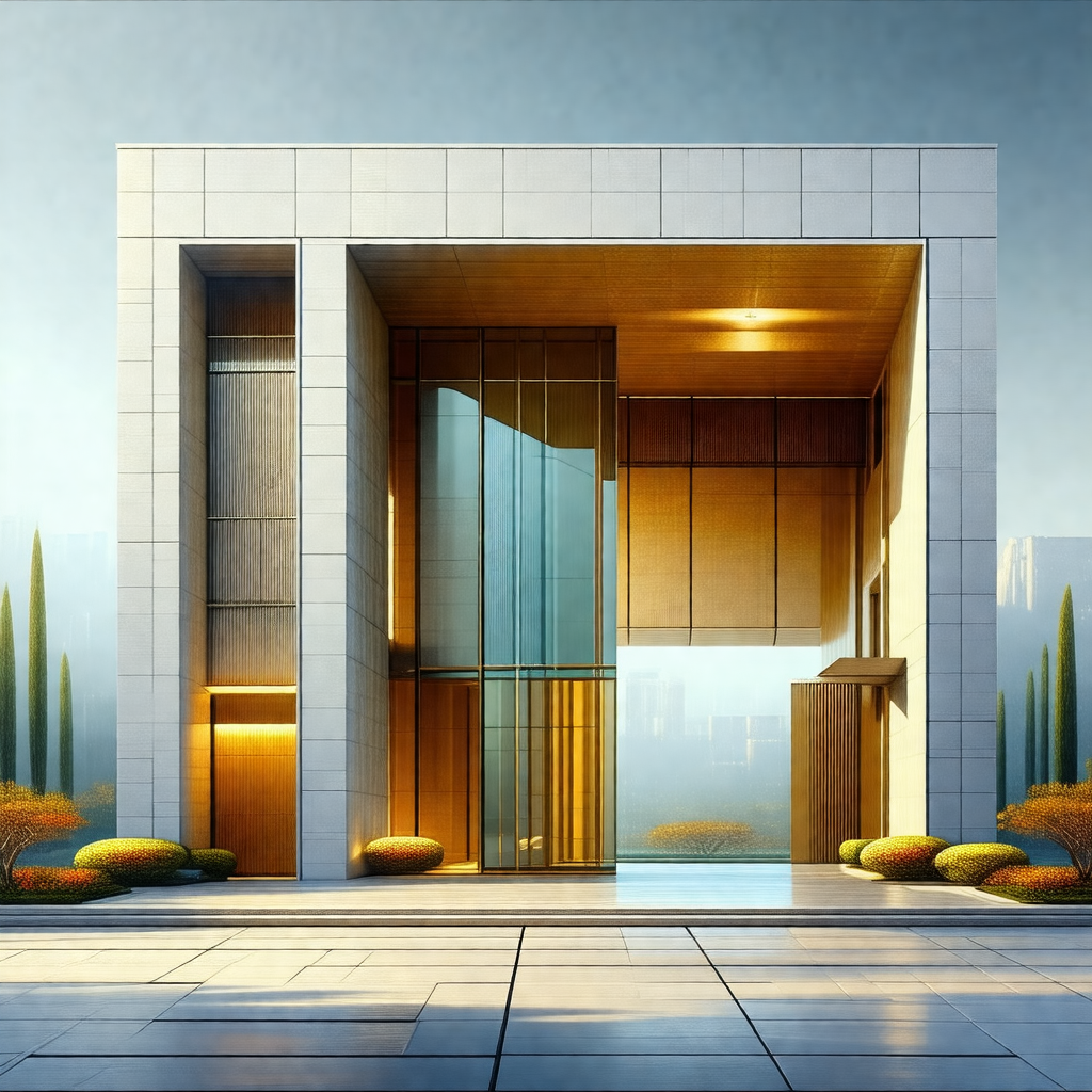 Drawing of a large white building with a glass front