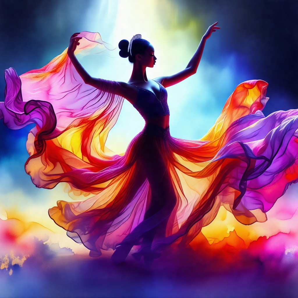 Woman in a flowing dress, dancing in a room with a purple...