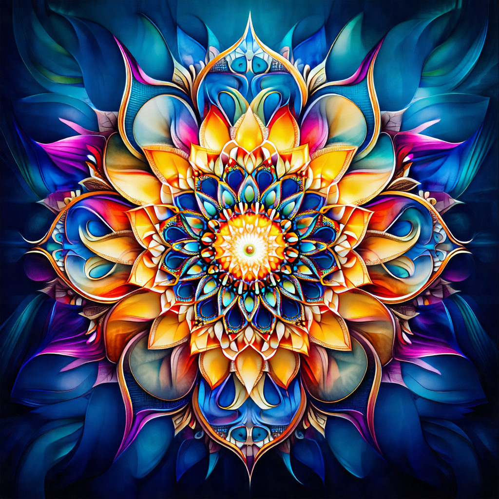 Vibrant and colorful flower design, likely a mandala, wit...
