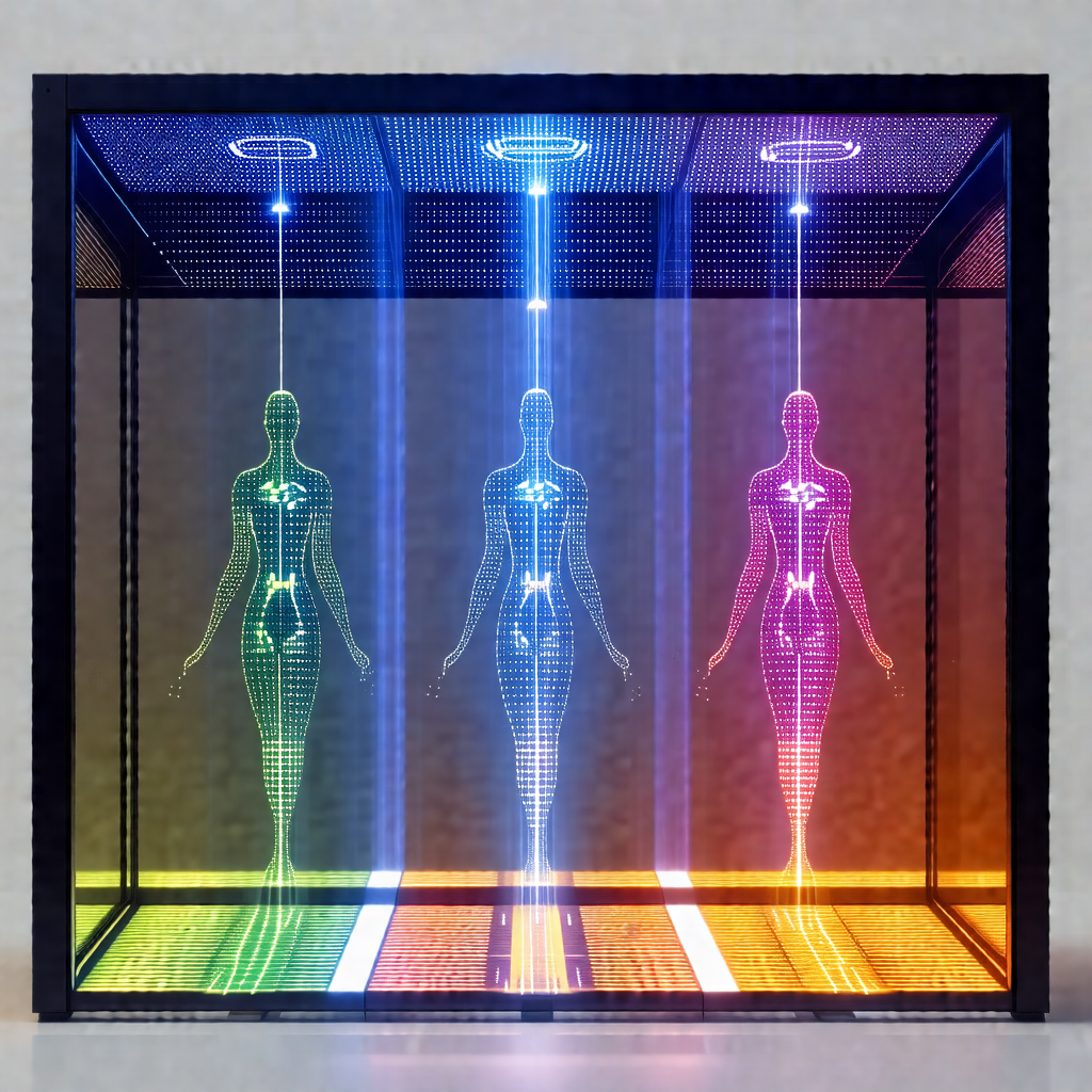 Display of three neon-colored silhouettes of people, each...