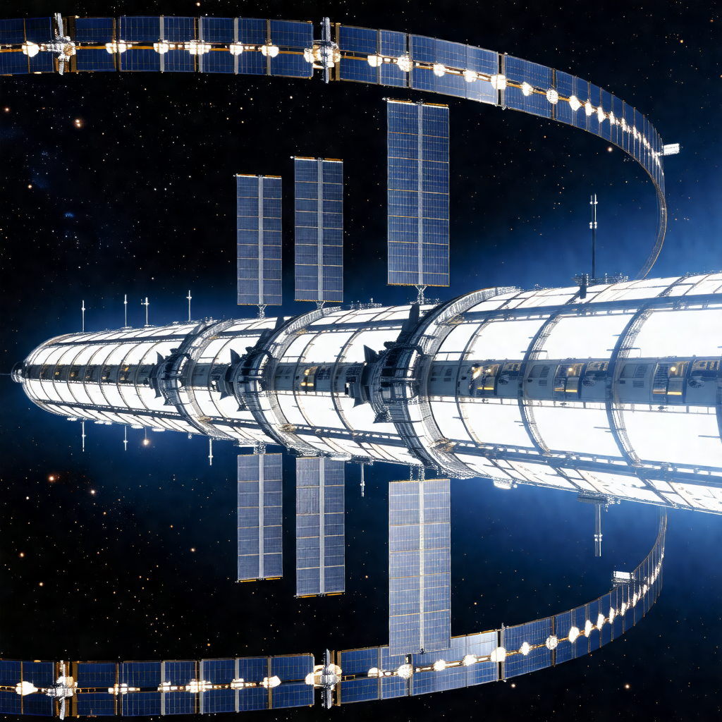 Large space station with a circular shape, surrounded by ...