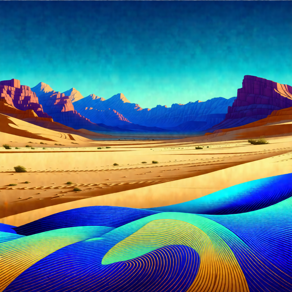 Painting of a desert landscape with a mountain range in t...