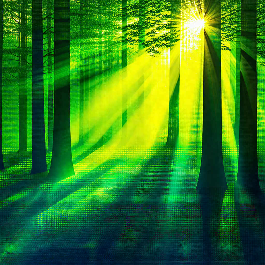 Lush green forest with a bright sun shining through the t...