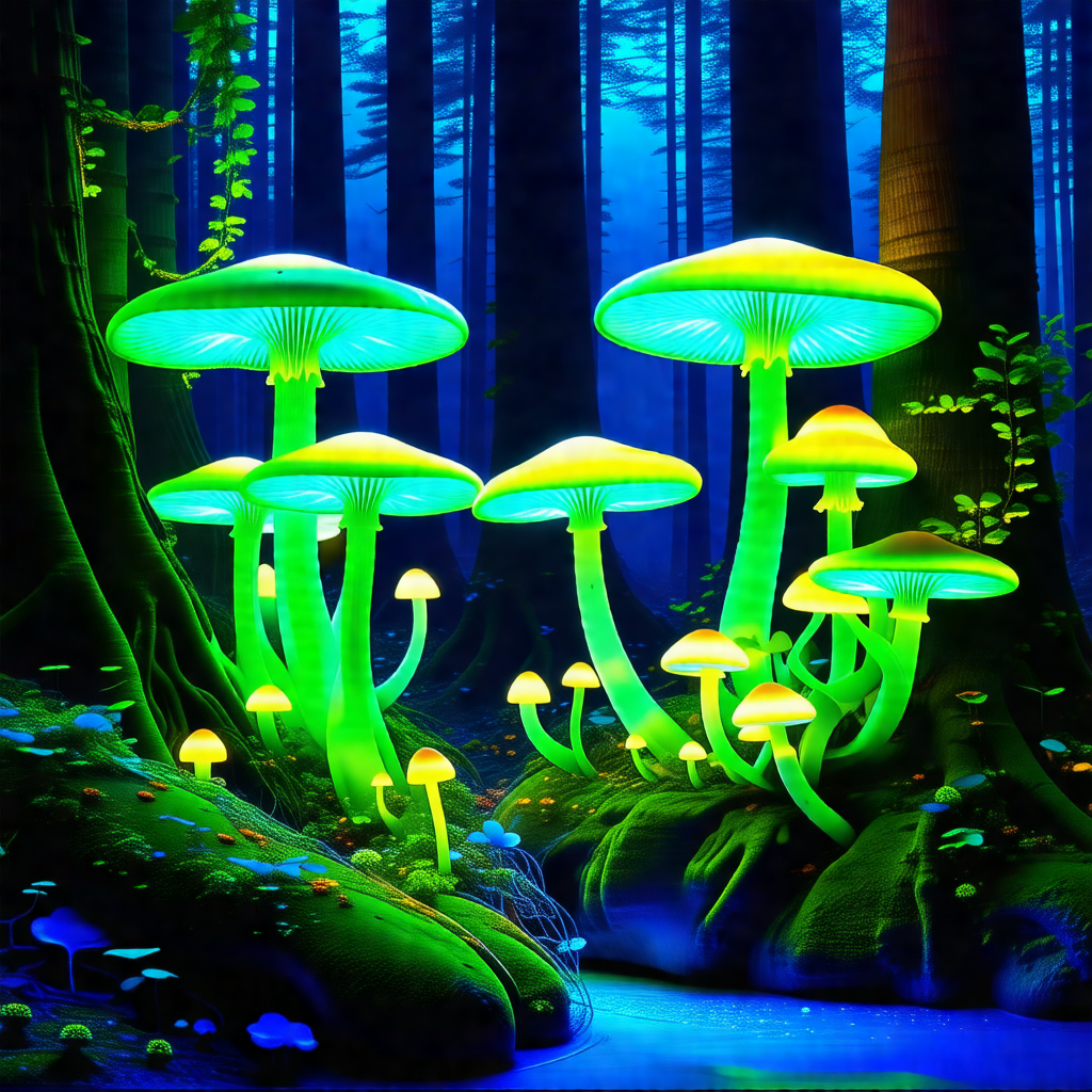 Forest with a group of brightly lit mushrooms growing on ...