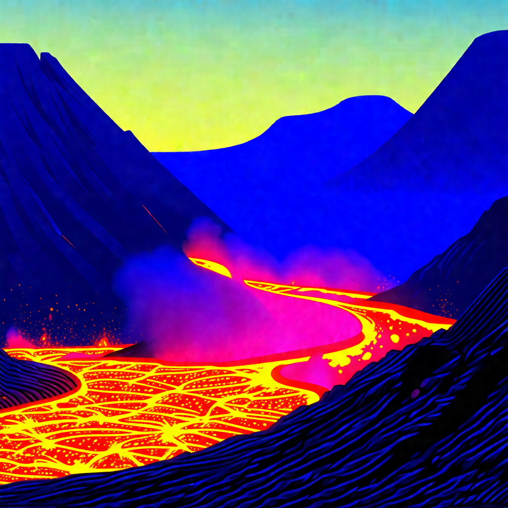Colorful, artistic depiction of a mountainous landscape w...