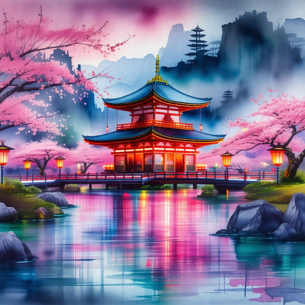 Beautiful oriental garden with a large, colorful pagoda i...