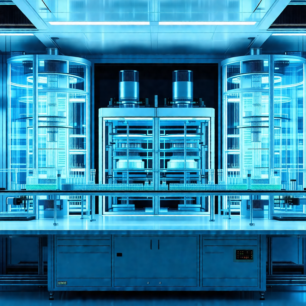 Large, clean, and well-lit laboratory with a blue glow