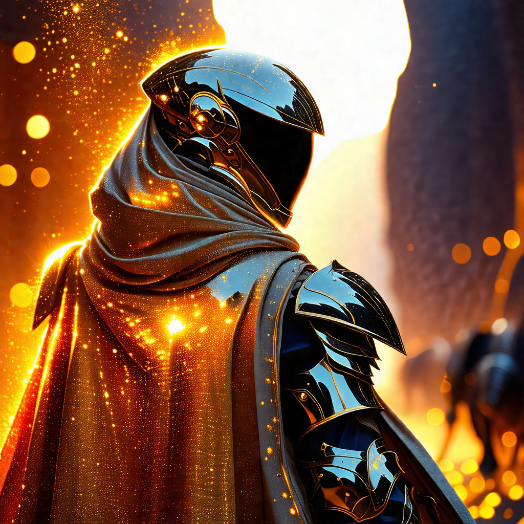 Futuristic scene with a man wearing a metallic suit and a...