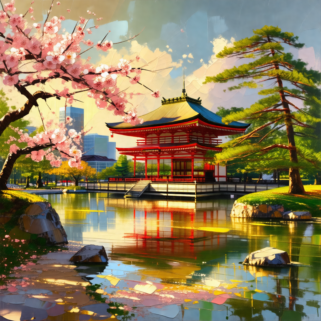 Beautiful japanese garden with a red pagoda, surrounded b...