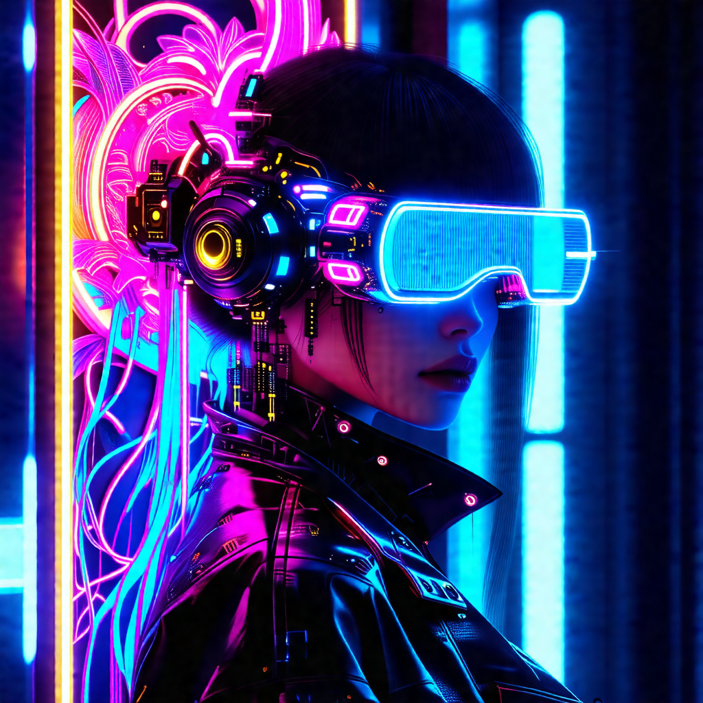 Woman wearing a futuristic outfit, including a black jack...