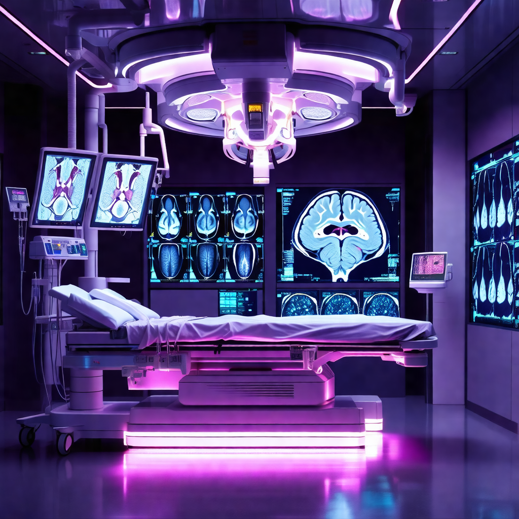Hospital room with a large bed in the center