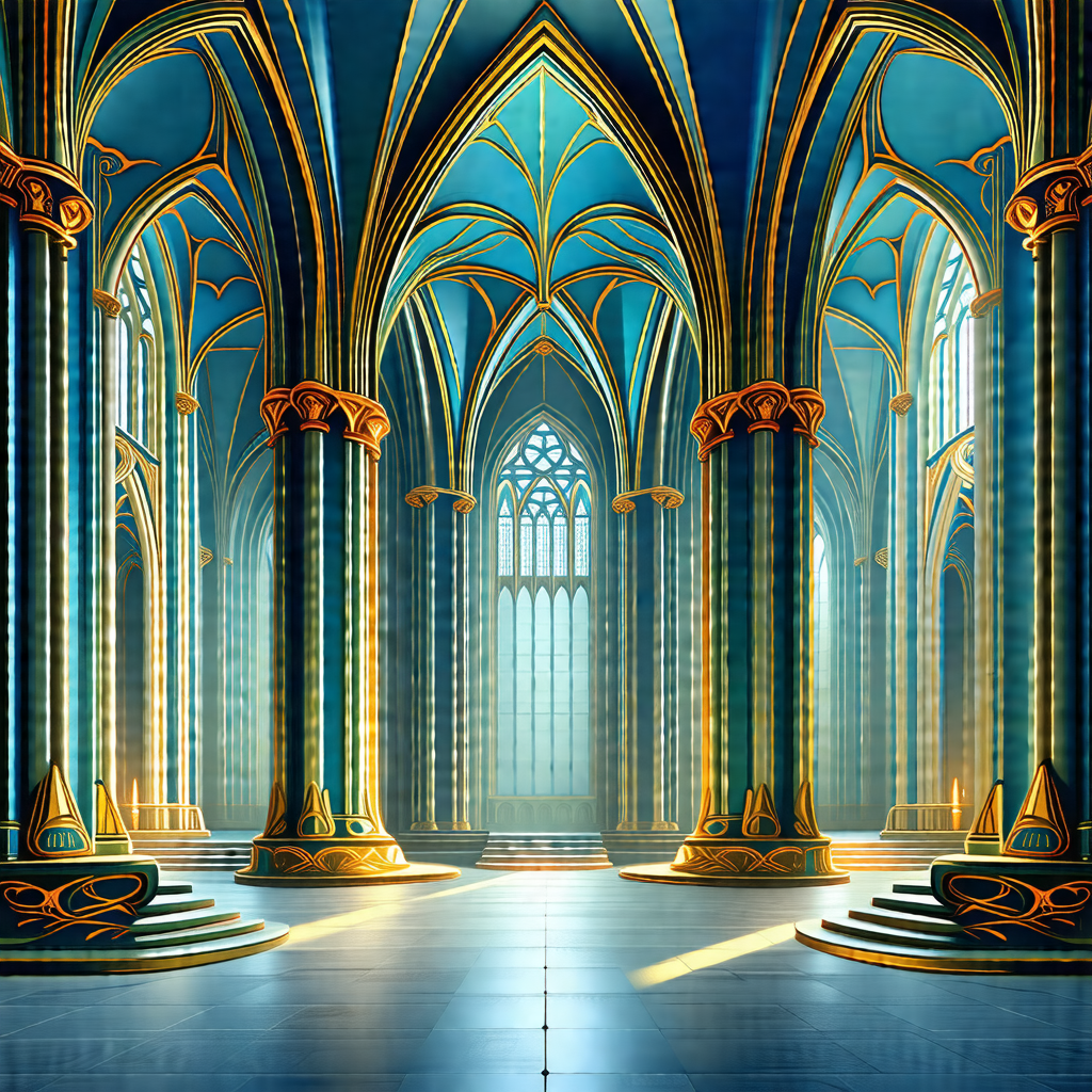 Painting of a large cathedral with a blue and gold color ...