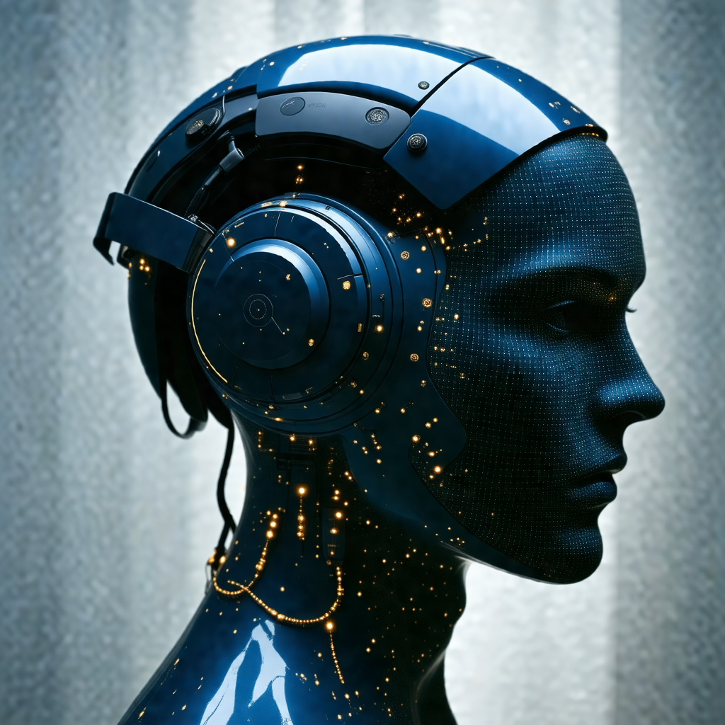 Blue robotic head with a pair of headphones on it