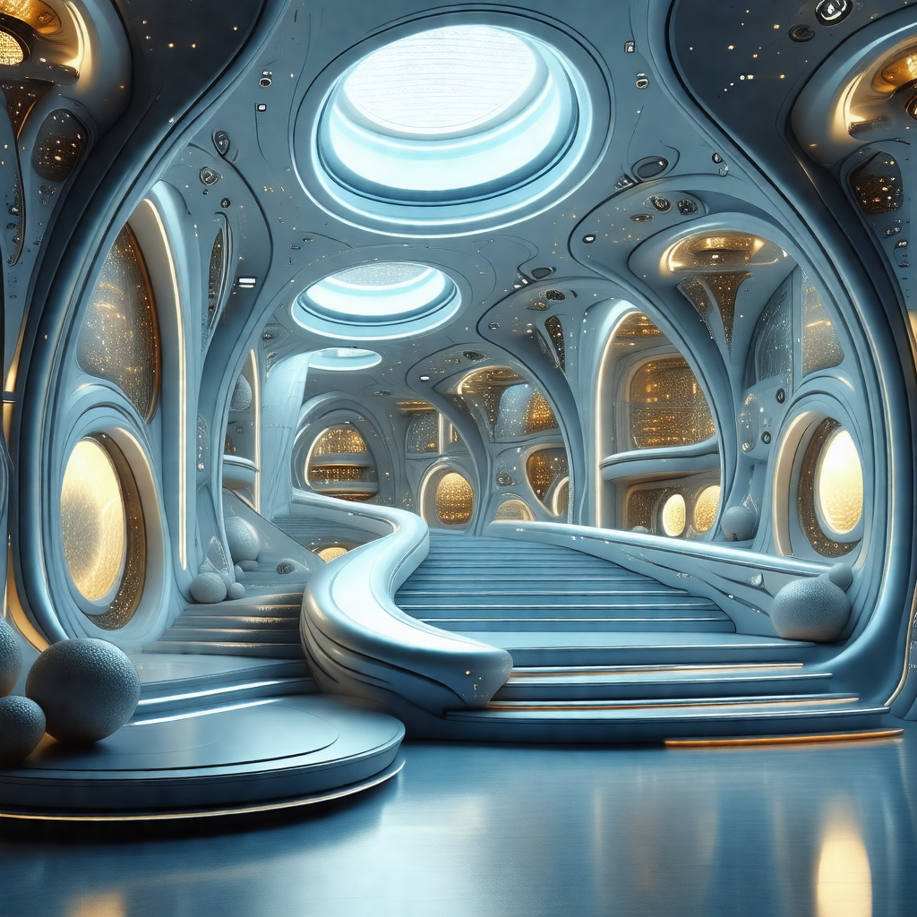 Futuristic, computer-generated scene of a large, open, an...