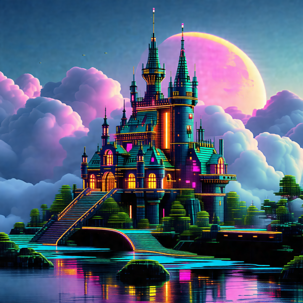 Colorful, computer-generated (cgi) drawing of a castle, w...
