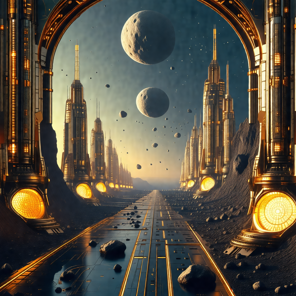 Futuristic scene featuring a long, winding road with a se...