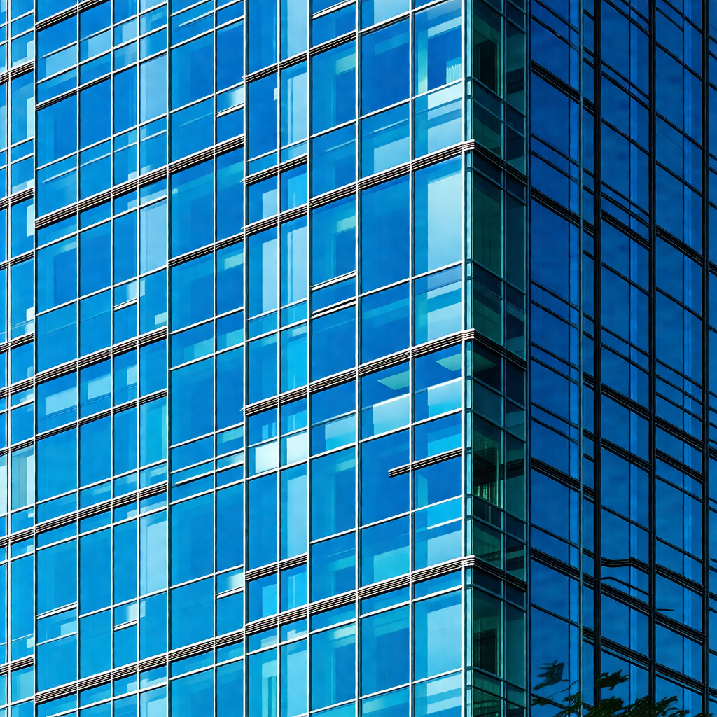 Tall, blue building with many windows