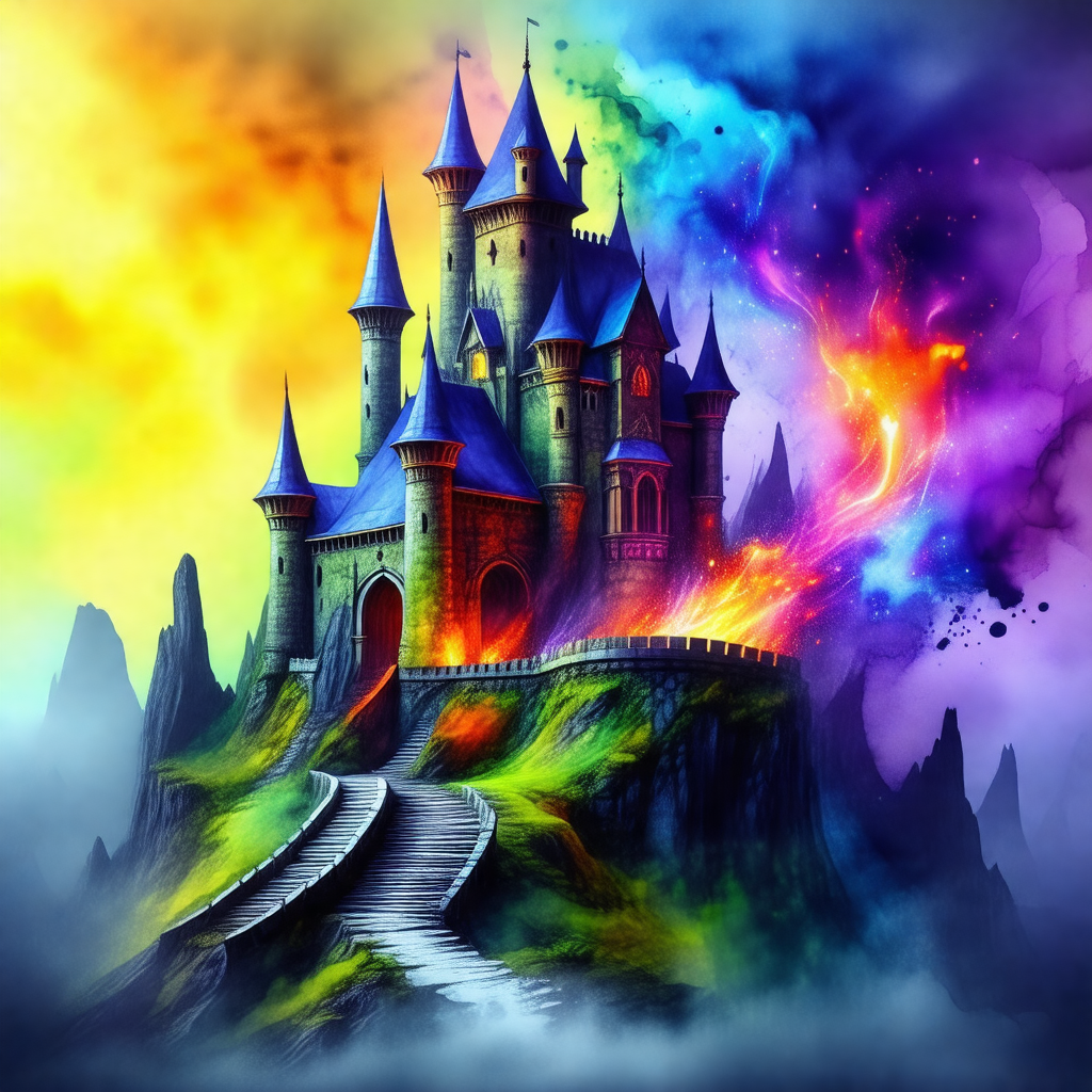 Colorful, fantasy-like castle with a moat and a bridge