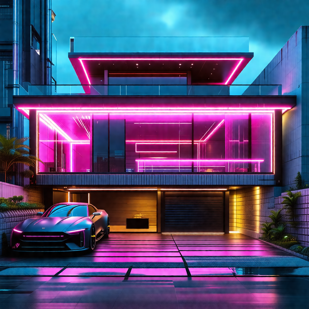 Futuristic house with a pink and purple neon glow