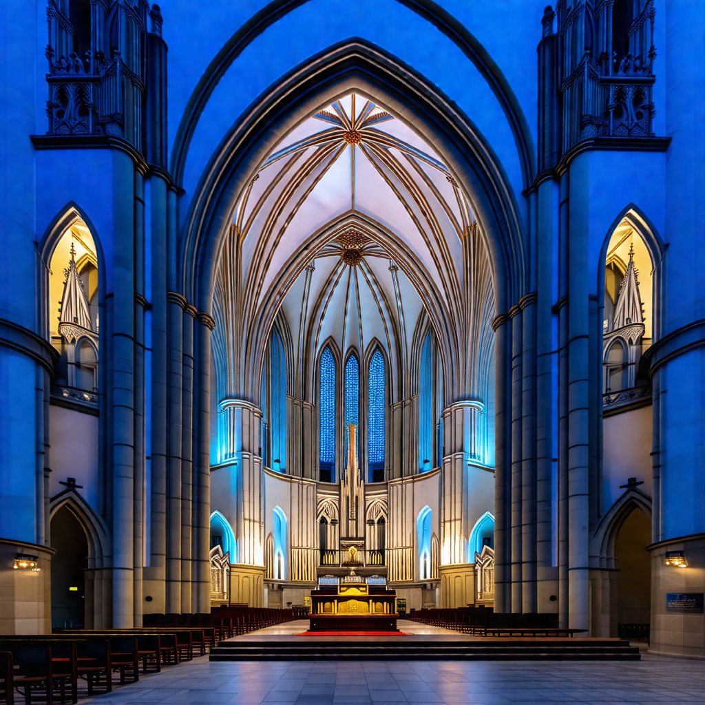 Large, ornate cathedral with a blue-lit interior