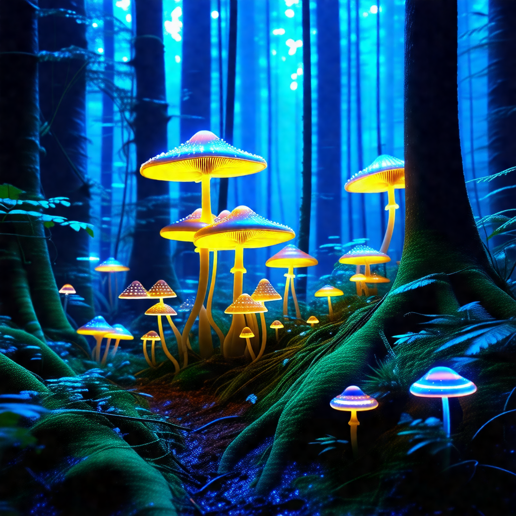 Forest filled with a variety of mushrooms, some of which ...
