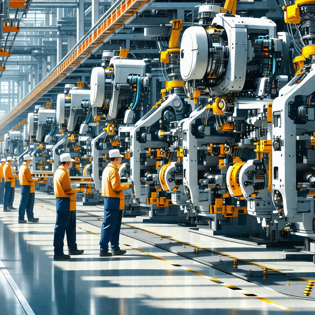 Factory floor with a group of workers standing around var...