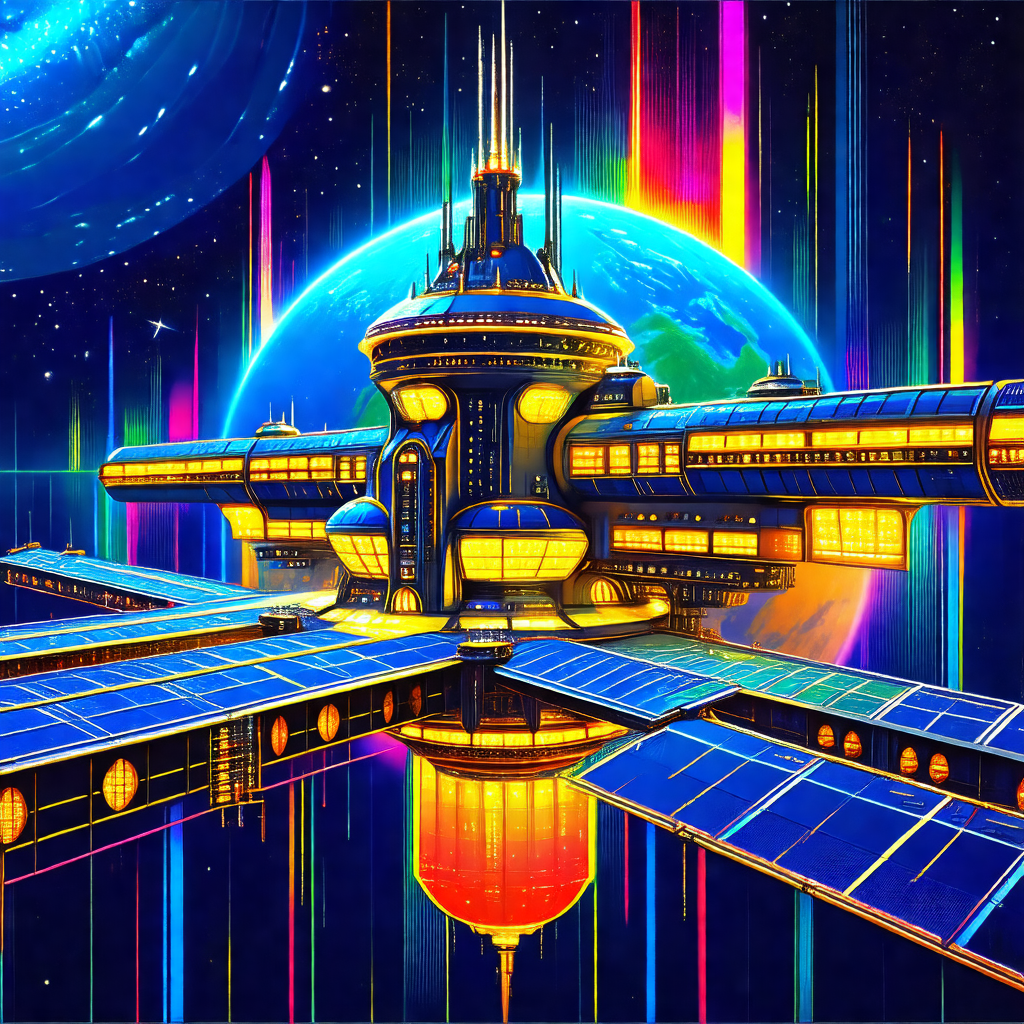 Colorful, futuristic painting of a space station