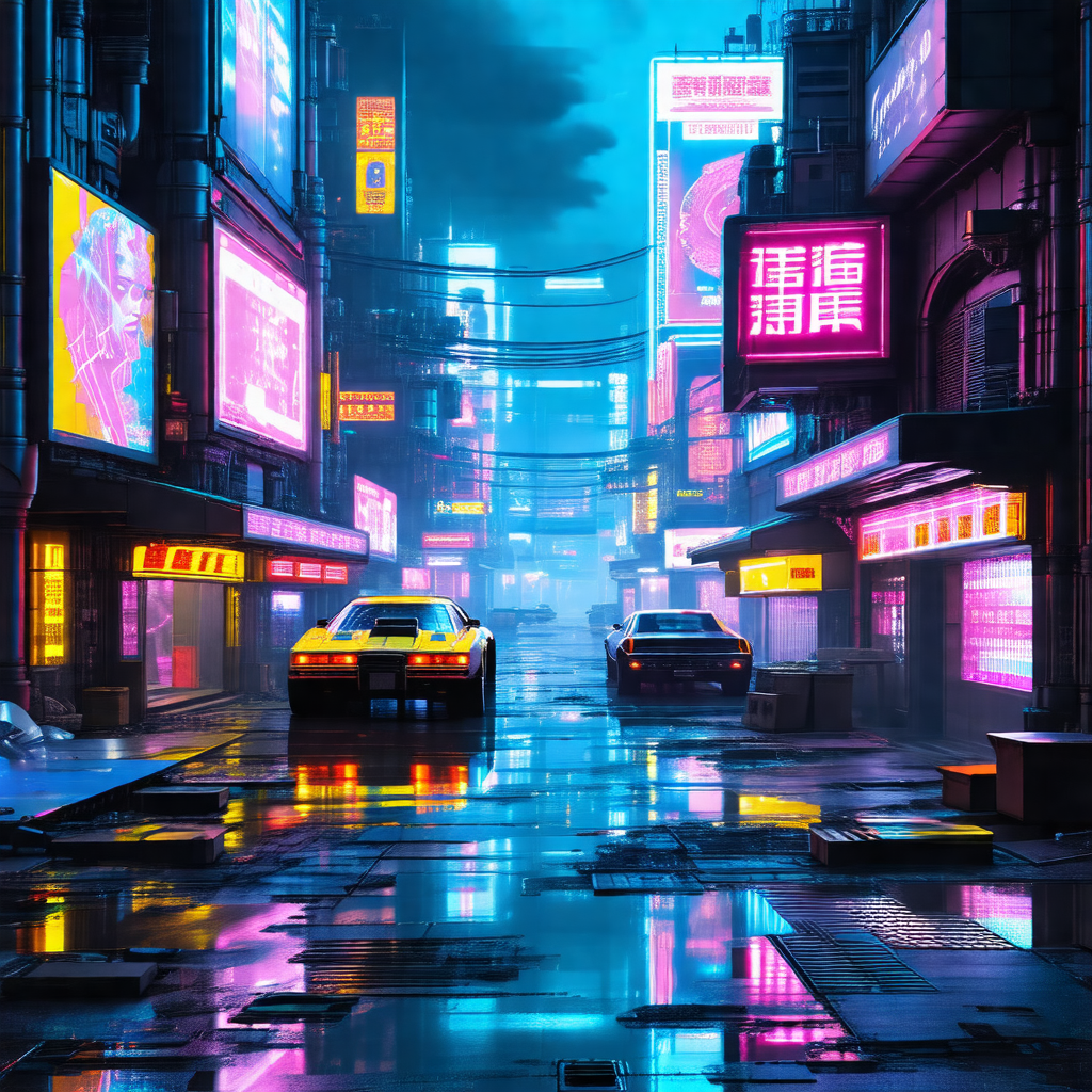 Futuristic city street at night, with two cars driving do...