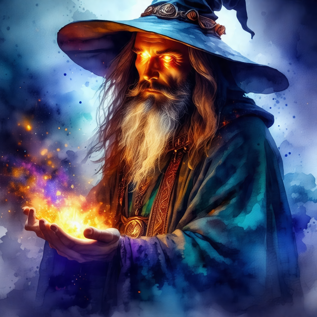 Wizard with a long beard, wearing a green robe and a poin...