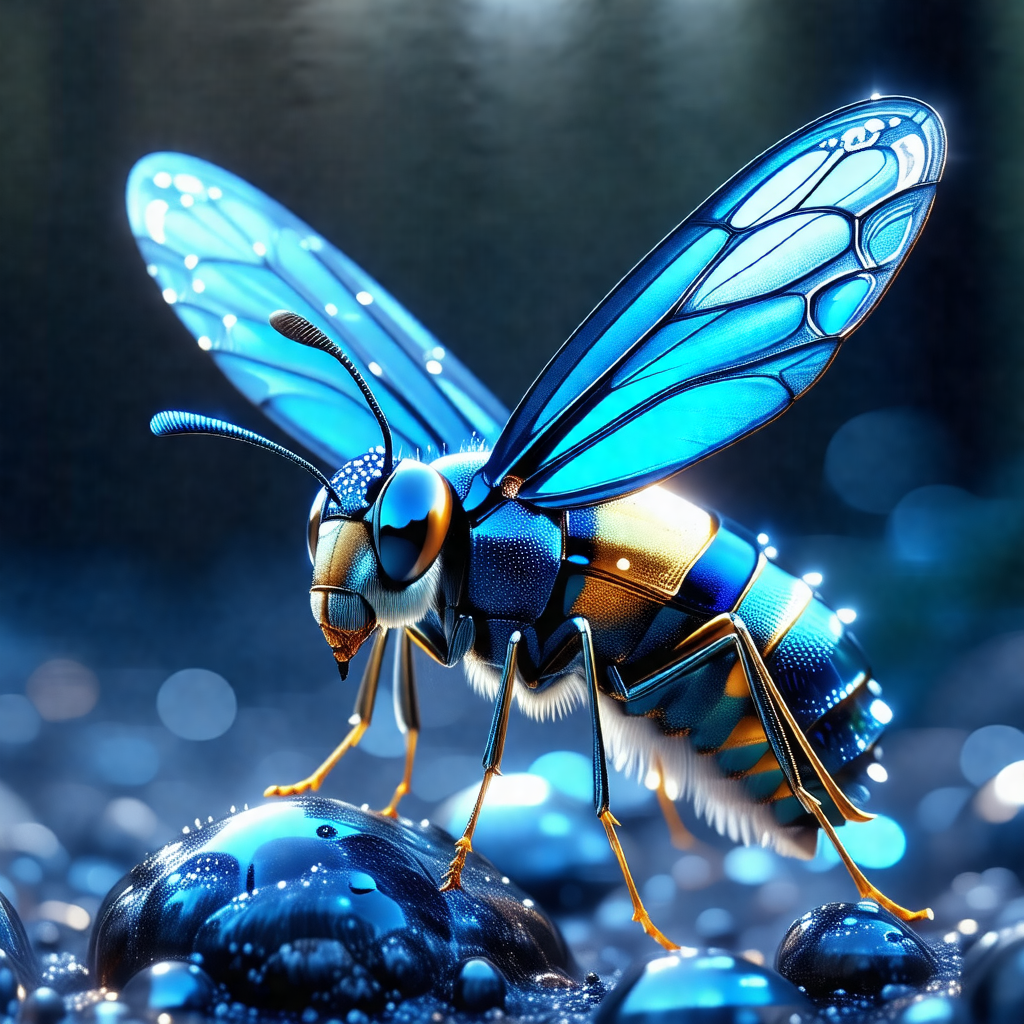 Blue butterfly with yellow wings standing on a blue surface