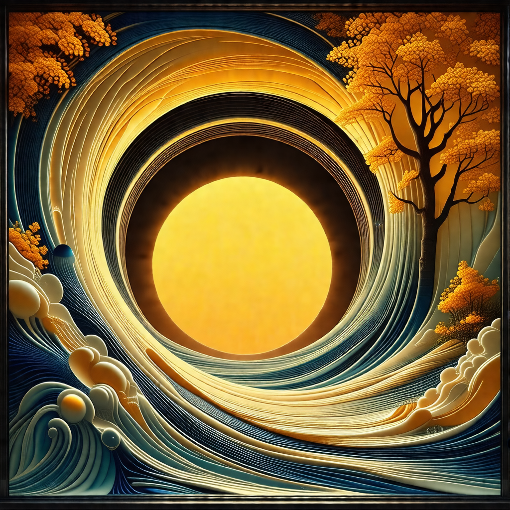 Large, round sun in the center of the scene, surrounded b...