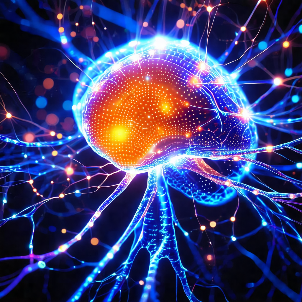 Close-up of a brain, with a blue glow illuminating the area