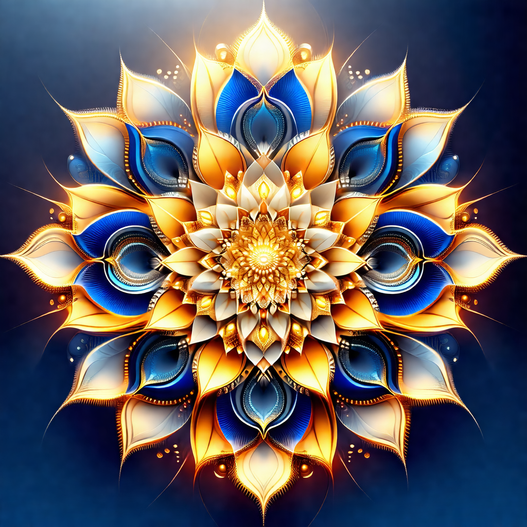 Beautifully designed flower with a yellow center and blue...