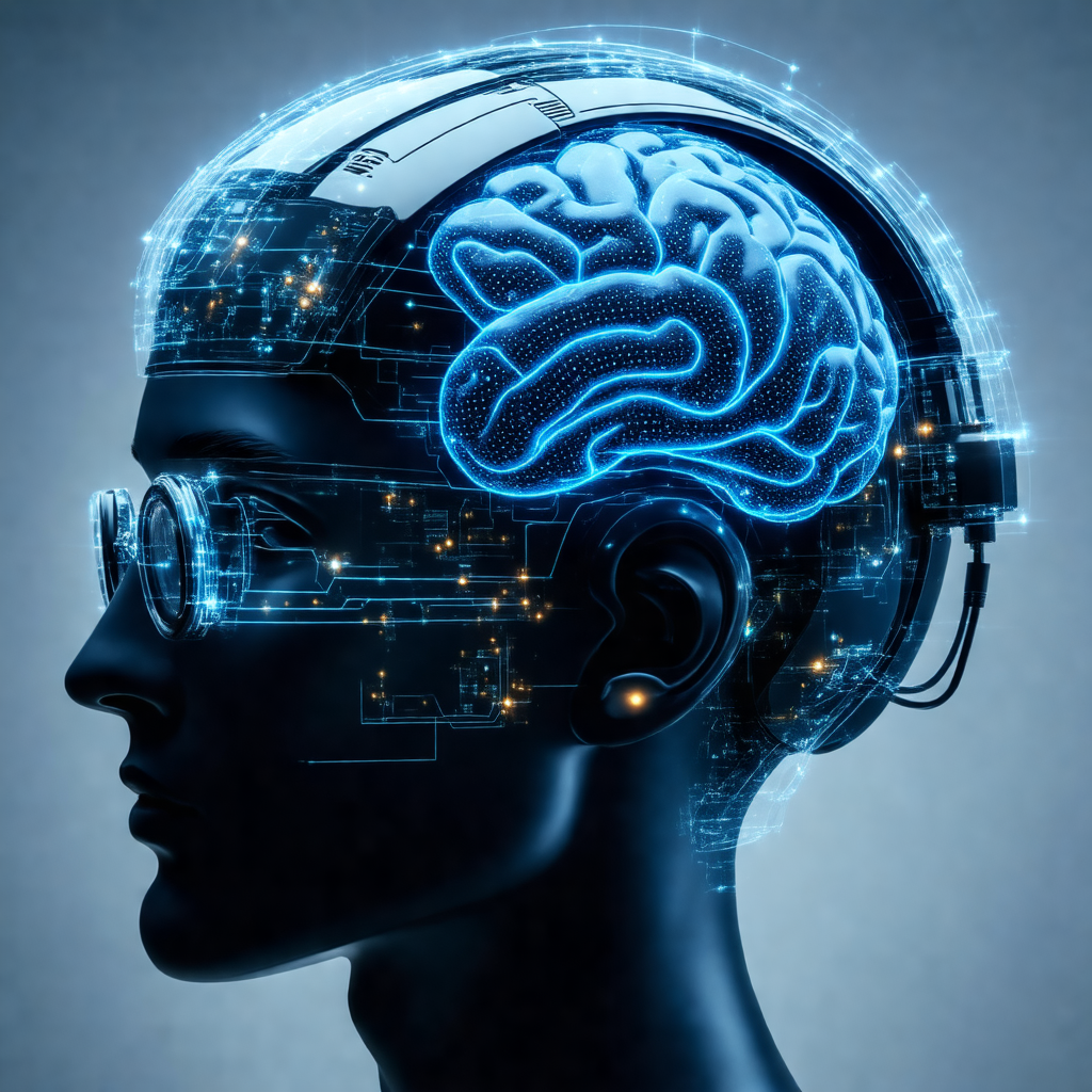 Close-up of a human head with a blue and white brain visible