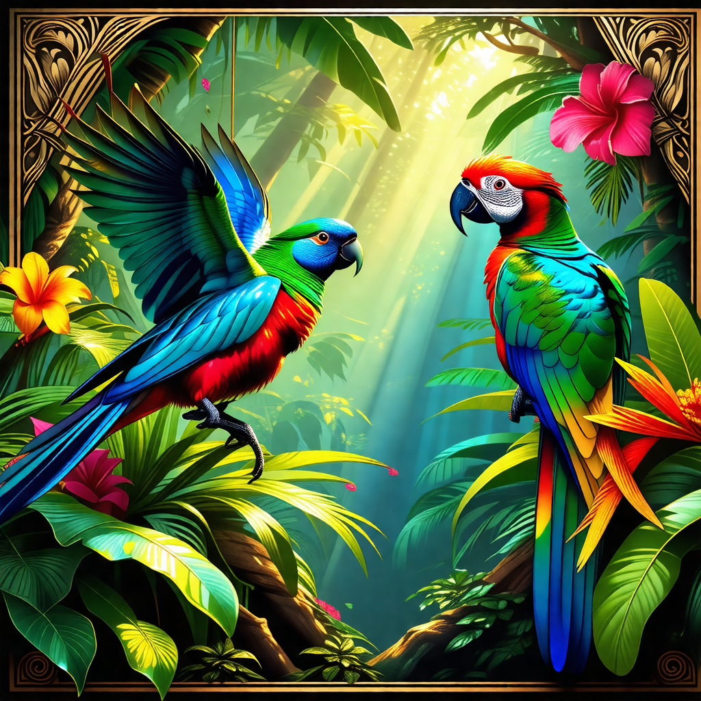 Two colorful parrots perched on a branch in a lush green ...