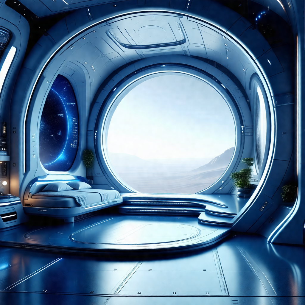 Futuristic space scene featuring a large, round window wi...