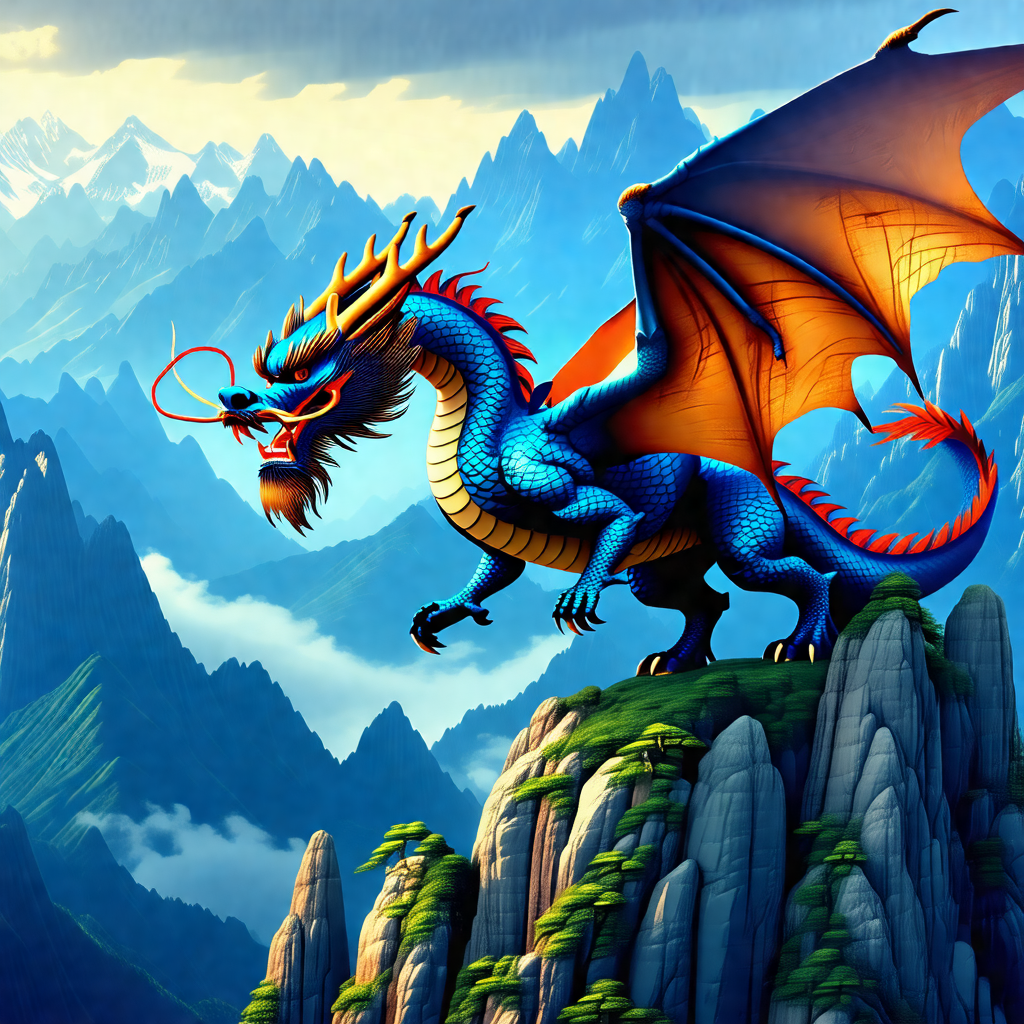 Large, colorful dragon with a long, curved tail, standing...
