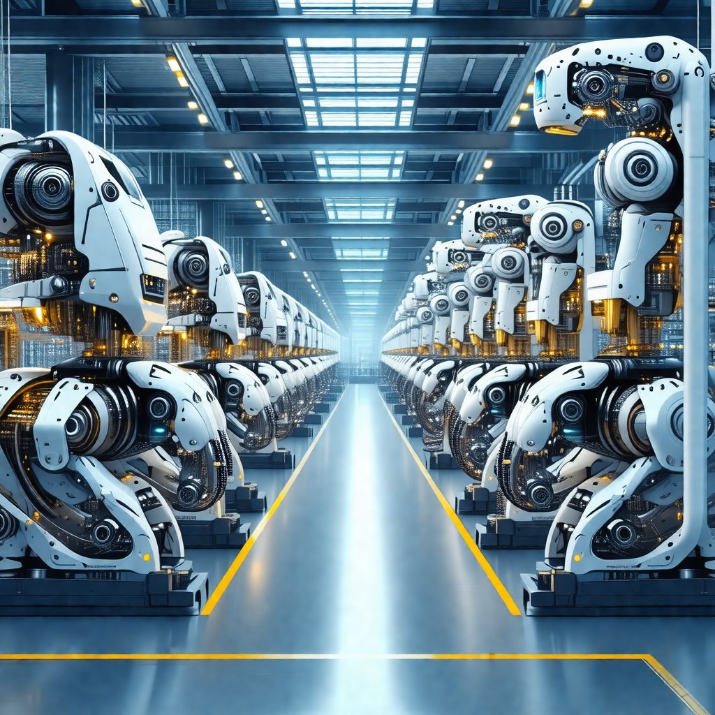Factory with a large number of white robots lined up in rows