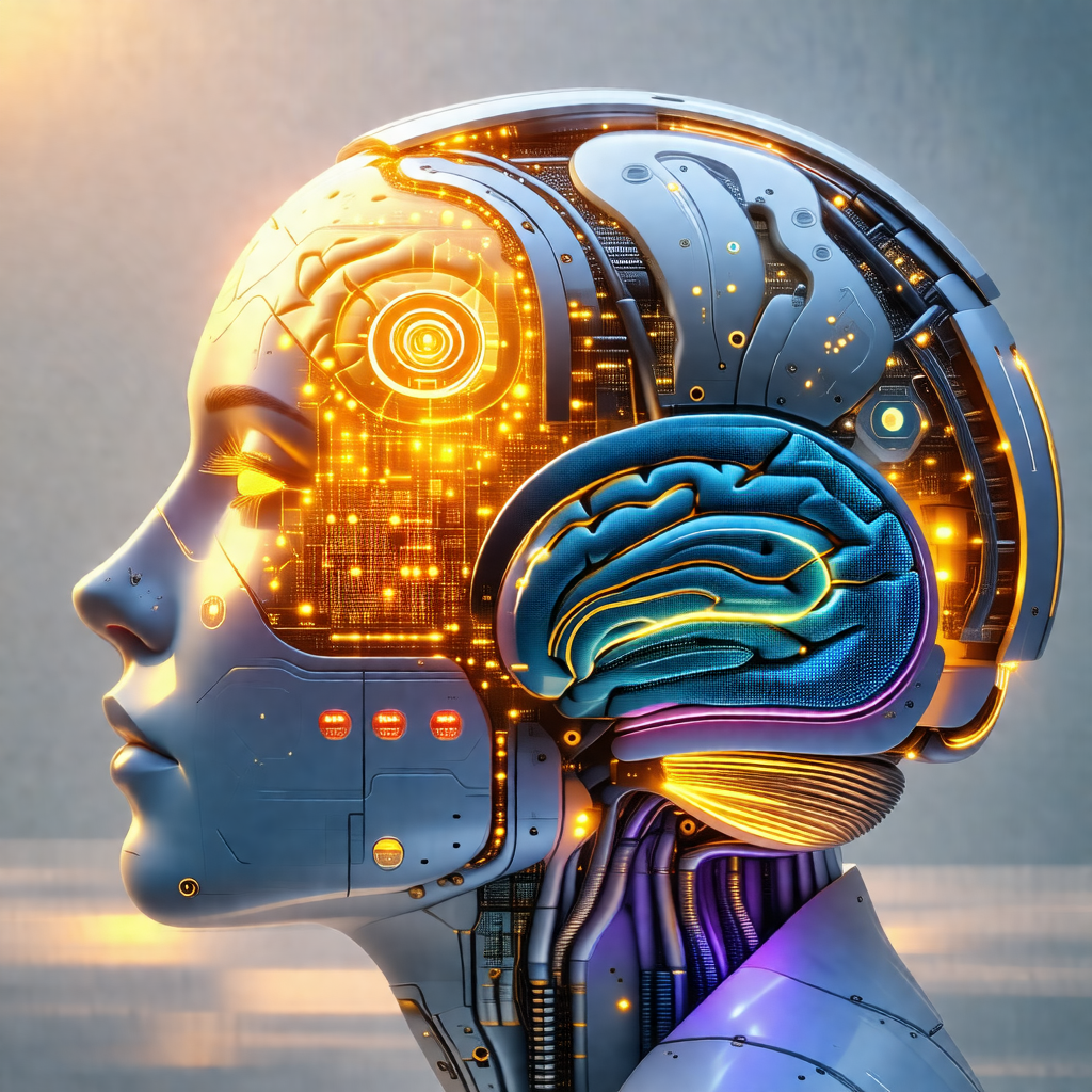 Futuristic robotic head with a bright blue and yellow col...