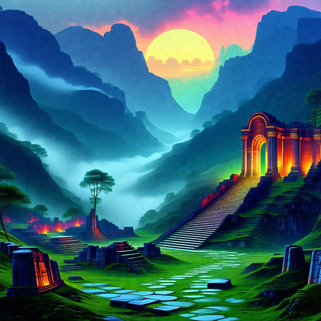 Painting of a mountainous landscape with a large, ancient...