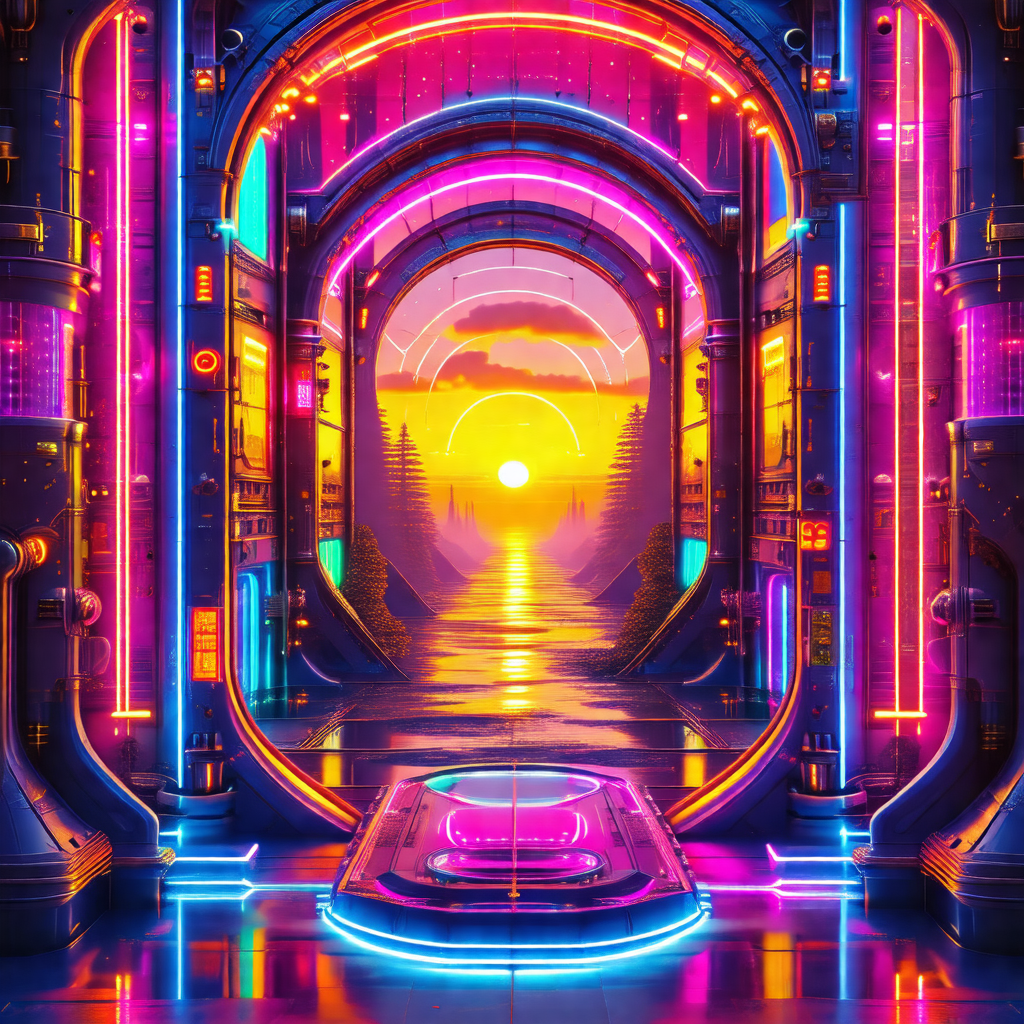 Futuristic cityscape with a large, colorful building as t...