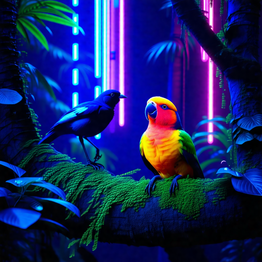 Vibrant scene with two birds perched on a tree branch