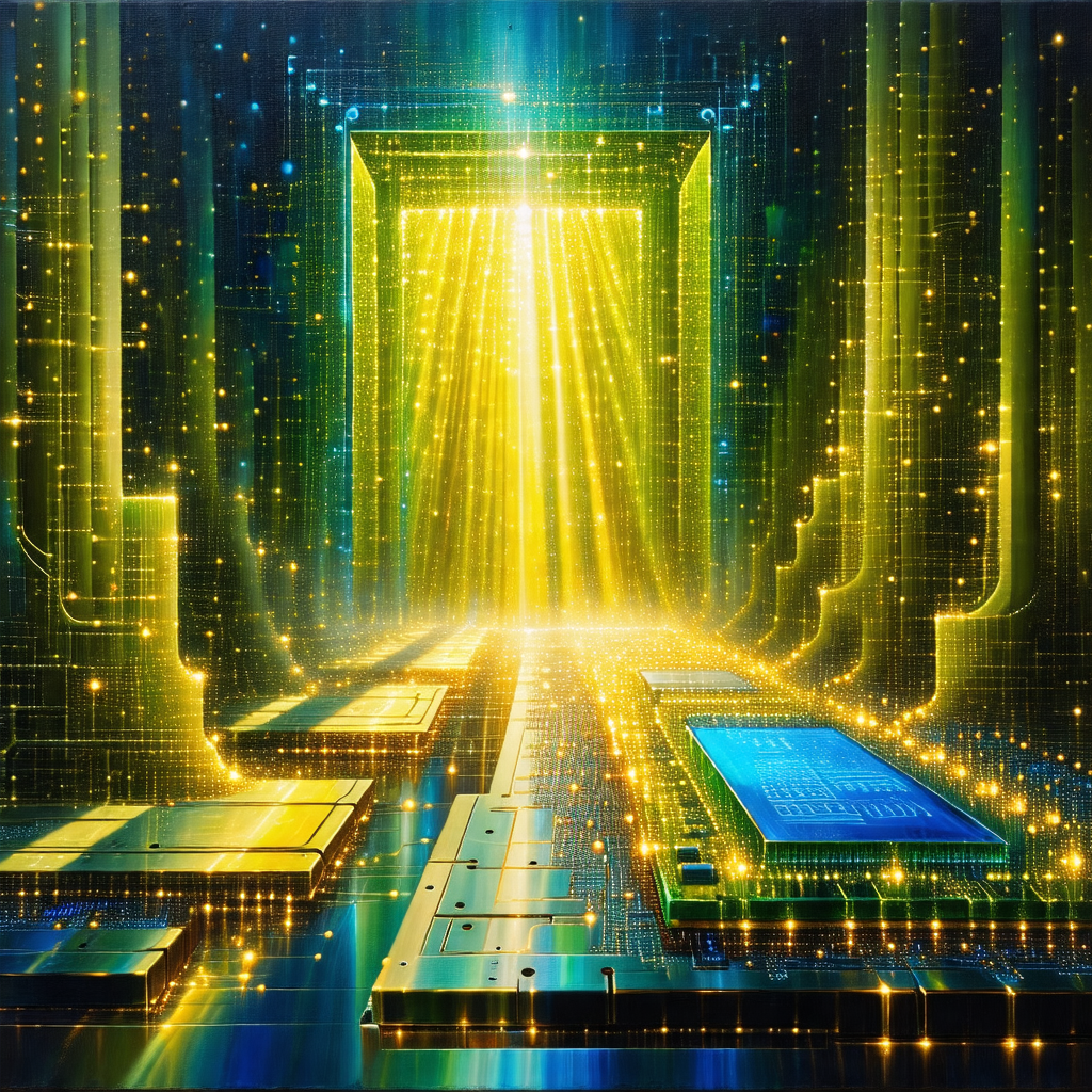 Futuristic painting of a computer system, featuring a lar...