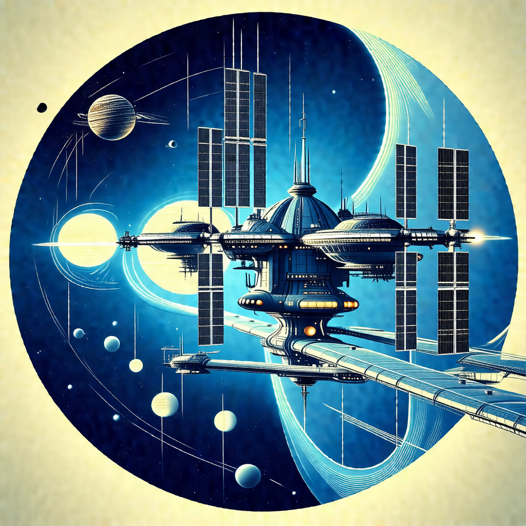 Futuristic drawing of a space station, which is surrounde...