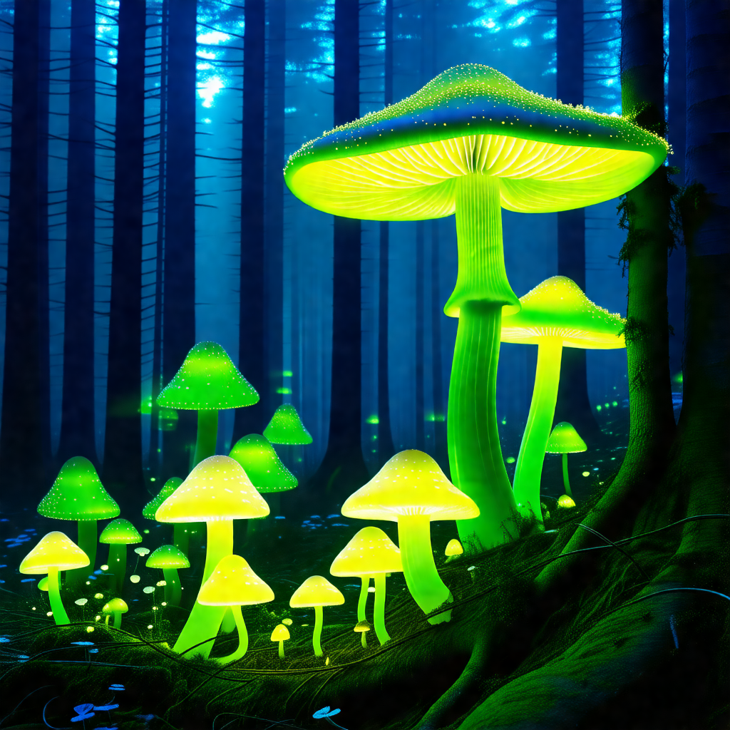 Forest with a large green mushroom, possibly a glowing mu...