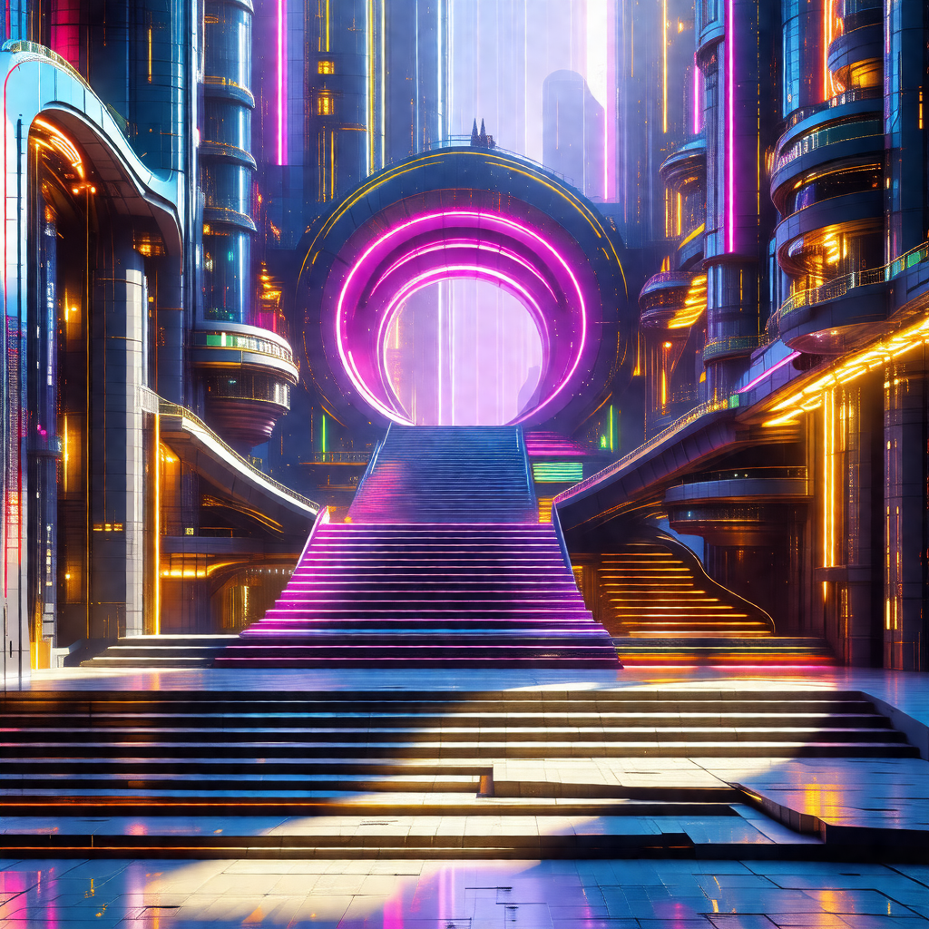 Futuristic cityscape with a large, colorful building in t...