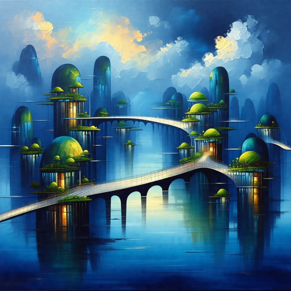 Painting of a city floating on water, with a bridge conne...