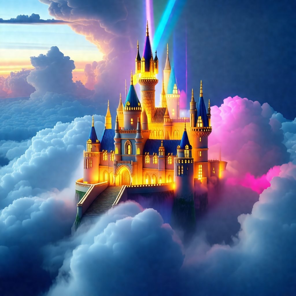 Majestic castle with a tall tower, situated in a cloudy sky